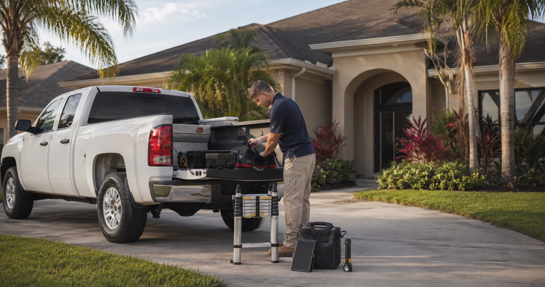 Inspector's truck and ladder set up at a home at golden hour
