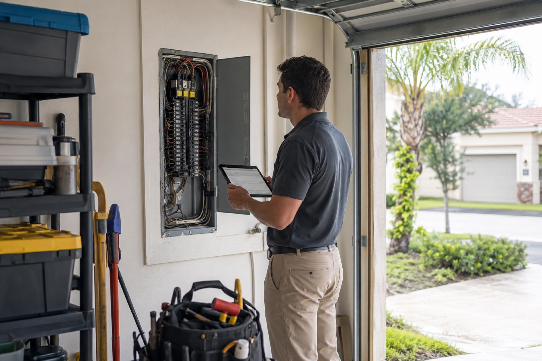 Home inspector documenting an electrical panel on a tablet